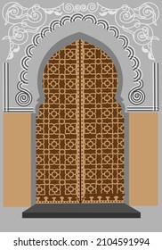 By opening the door to the entrance to the temple Pretentious stone patterns Sample of Moroccan culture and architecture Vector illustration