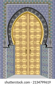 By opening the door to the entrance to the temple Pretentious stone patterns Sample of Moroccan culture and architecture Vector illustration