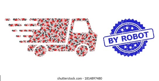 By Robot dirty seal and vector recursive mosaic quick delivery. Blue seal includes By Robot caption inside rosette. Vector mosaic is organized of randomized rotated quick delivery items.