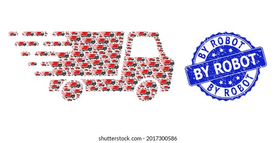 Por Robot impuro sello redondo sellado y mosaico de recursión vectorial entrega rápida. El sello azul contiene texto By Robot dentro de la forma redonda. El mosaico vectorial se realiza a partir de elementos aleatorios de entrega rápida.