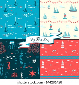 By The Sea. Set of four sea vacation themed vector seamless patterns. svg