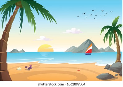 By the sea, there is a sandy beach with coconut trees, a bright morning atmosphere.