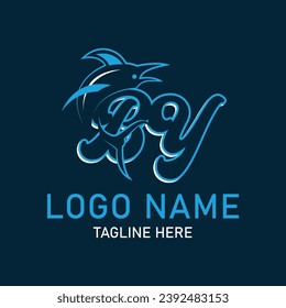 BY shark logo design vector. Cartoon shark mascot on navy background. 
Shark esport mascot logo design. Editable letter shark logo design for company