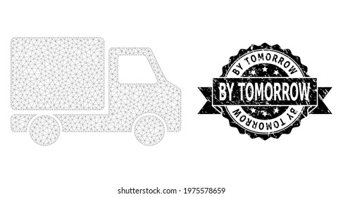 By Tomorrow rubber seal and vector delivery car mesh model. Black stamp seal has By Tomorrow text inside ribbon and rosette. Abstract flat mesh delivery car, created from flat mesh.