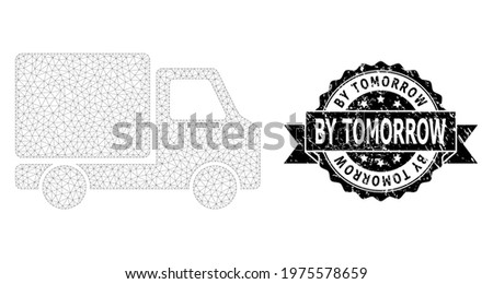 By Tomorrow rubber seal and vector delivery car mesh model. Black stamp seal has By Tomorrow text inside ribbon and rosette. Abstract flat mesh delivery car, created from flat mesh.