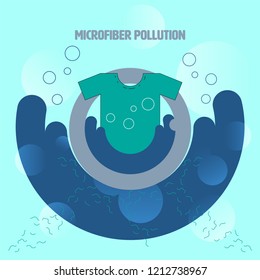 By Washing Clothes Microfiber Shedding And Flow Down The Drain Into Waterway. Microfiber Pollution Concept. Vector Illustration.