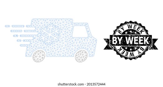 By Week corroded stamp seal and vector refrigerator car mesh model. Black stamp has By Week title inside ribbon and rosette. Abstract flat mesh refrigerator car, created from flat mesh.