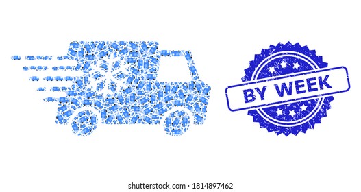 By Week unclean seal and vector fractal mosaic refrigerator car. Blue seal includes By Week text inside rosette. Vector mosaic is formed of randomized rotated refrigerator car pictograms.