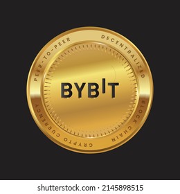 BYBIT Cryptocurrency logo in black color concept on gold coin. BYBIT Coin Block chain technology symbol. Vector illustration for banner, background, web, print, article.