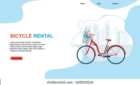 Bycicle Rental. Cityscape Urban Eco Friendly Transportation Vector Illustration. Active Leisure, Healthy Activity, City Travel, Tourism. Cycling Bike, Rent Service, Online Mobile Application