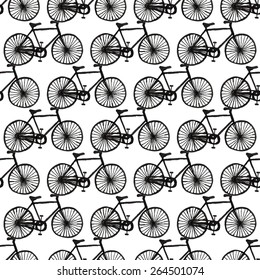 Bycicle. Seamless watercolor pattern with bikes on the white background, aquarelle. Vector illustration. Hand-drawn decorative element. Real watercolor painting