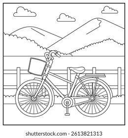 Bycicle, transportation, vehicle, outline coloring book for kids.