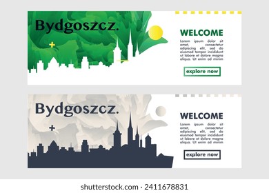 Bydgoszcz city banner pack with abstract shapes of skyline, cityscape, landmark. Poland town travel vector horizontal illustration layout set for brochure, website, page, presentation, header, footer