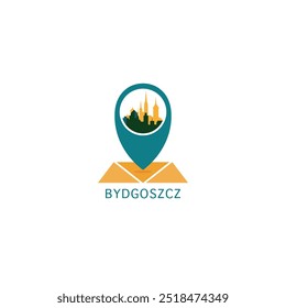 Bydgoszcz city map pin point geolocation modern skyline vector logo icon isolated illustration. Poland pointer emblem with landmarks and building silhouettes