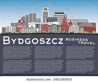 Bydgoszcz Poland city skyline with color buildings, blue sky and copy space. Vector illustration. Bydgoszcz cityscape with landmarks. Business tourism concept with modern and historic architecture.