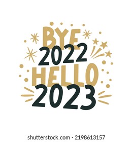 Adiós 2022 Hola 2023. Feliz Navidad y Feliz Año Nuevo. Tarjeta de saludo de vacaciones de invierno, citas de navidad y conjunto de ilustraciones de frases. Colección de tipografía para carteles, postales, tarjetas de felicitación