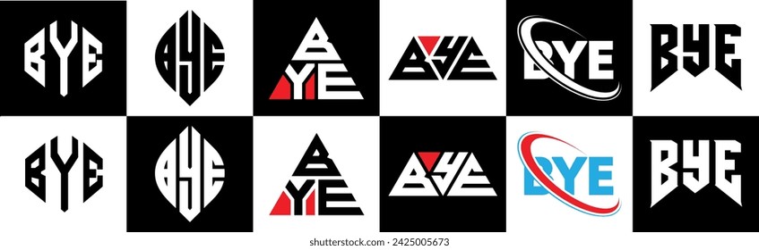 BYE letter logo design in six style. BYE polygon, circle, triangle, hexagon, flat and simple style with black and white color variation letter logo set in one artboard. BYE minimalist and classic logo