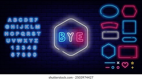 Bye neon emblem. Online chat. Glowing colorful text. Close label. Shiny turquoise alphabet. Geometric frames collection. Editing text. Vector stock illustration