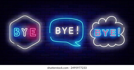 Bye neon labels collection. Online chat messaging. Leave badges set. Light emblems set. Vector stock illustration