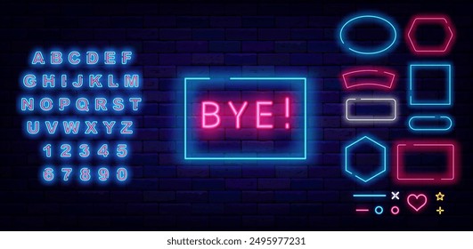 Bye neon signboard. Online chat message. Light text. Closed label. Shiny blue alphabet. Vector stock illustration