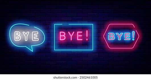 Bye neon signs collection. Online chat messaging. Leave badges set. Light emblems pack. Different typography. Speech bubble and frame. Editing text. Vector stock illustration