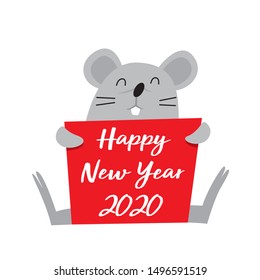 Bye bye pig year 2019. Happy new year 2020, mouse year like Chinese sign. Happy mouse with red happy new year 2020 sign.