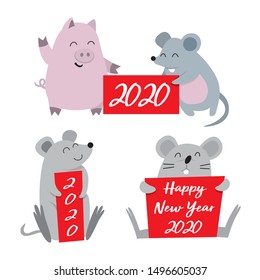 Bye bye pig year 2019. Happy new year 2020, mouse year like Chinese sign. Happy mouse with red happy new year 2020 sign.