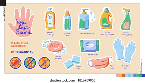 Bye-bye germs sticker set. Vector illustration of personal hygiene and disinfectant products.