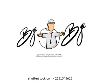 BYe-Bye written on a white isolated background with a hand drawn sketch of an arab character spreading arms 