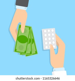 Bying medical pills in pharmacy concept. Pharmacist selling drug in blister. Isolated flat vector illustration