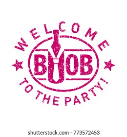 BYOB, Abbreviation expression Bring Your Own Bottle, tie, purple stamp, party, invitation, illustration, vector