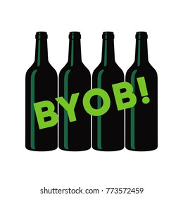 BYOB, Abbreviation expression Bring Your Own Bottle, green, illustration, vector