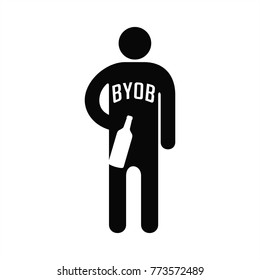 BYOB, Abbreviation expression Bring Your Own Bottle, letters, man with a bottle, illustration, vector
