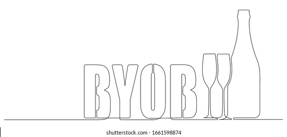 BYOB, bring your own bottle one continuous line drawing style illustration for your design.