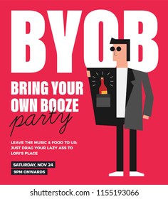 BYOB Party Template for Poster, Flyer, Blog! Bring Your Own Bottle/Booze/Boos. Vector illustration of a man carrying alcohol bottle in jacket pocket