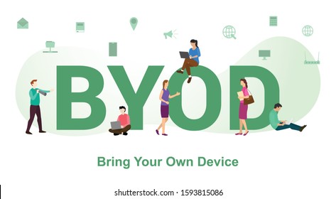 byod bring your own devices concept with big word or text and team people with modern flat style - vector