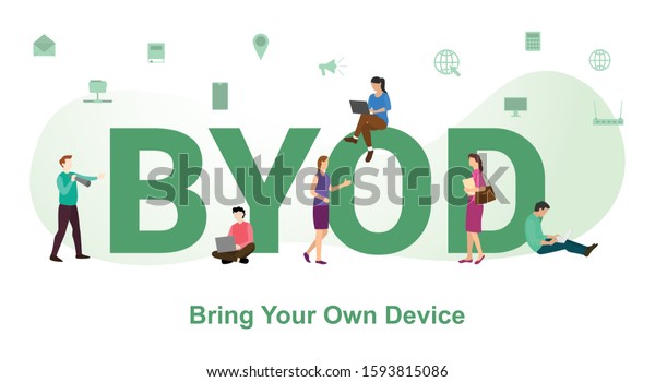 byod bring your\
own devices concept with big word or text and team people with\
modern flat style -\
vector