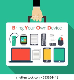 Byod concept with human hand holding briefcase with electronic gadgets vector illustration