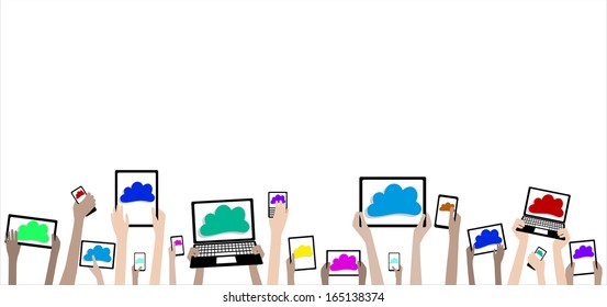 BYOD Distance Remote Learning while working from home or Bring Your Own Device Cloud Computing Banner - Children Hands with Computers and Clouds