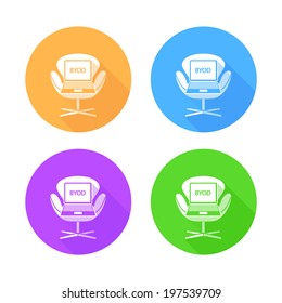 BYOD flat long shadow icons: office chair with pc