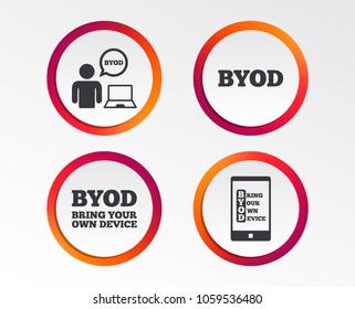 BYOD icons. Human with notebook and smartphone signs. Speech bubble symbol. Infographic design buttons. Circle templates. Vector