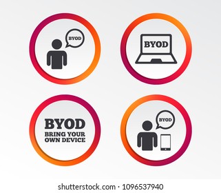 BYOD icons. Human with notebook and smartphone signs. Speech bubble symbol. Infographic design buttons. Circle templates. Vector