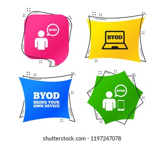 BYOD icons. Human with notebook and smartphone signs. Speech bubble symbol. Geometric colorful tags. Banners with flat icons. Trendy design. Vector