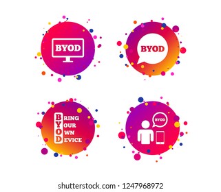 BYOD icons. Human with notebook and smartphone signs. Speech bubble symbol. Gradient circle buttons with icons. Random dots design. Vector
