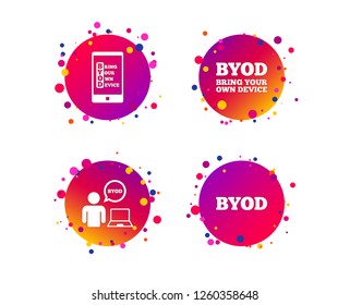 BYOD icons. Human with notebook and smartphone signs. Speech bubble symbol. Gradient circle buttons with icons. Random dots design. Vector