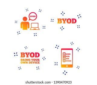 BYOD icons. Human with notebook and smartphone signs. Speech bubble symbol. Random dynamic shapes. Gradient byod icon. Vector