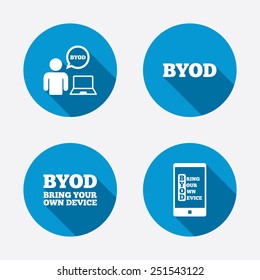 BYOD icons. Human with notebook and smartphone signs. Speech bubble symbol. Circle concept web buttons. Vector