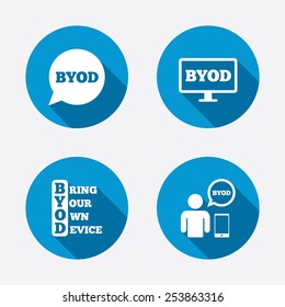 BYOD icons. Human with notebook and smartphone signs. Speech bubble symbol. Circle concept web buttons. Vector