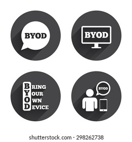 BYOD icons. Human with notebook and smartphone signs. Speech bubble symbol. Circles buttons with long flat shadow. Vector