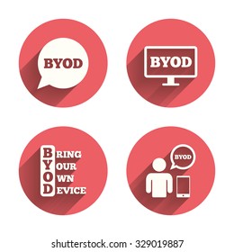 BYOD icons. Human with notebook and smartphone signs. Speech bubble symbol. Pink circles flat buttons with shadow. Vector